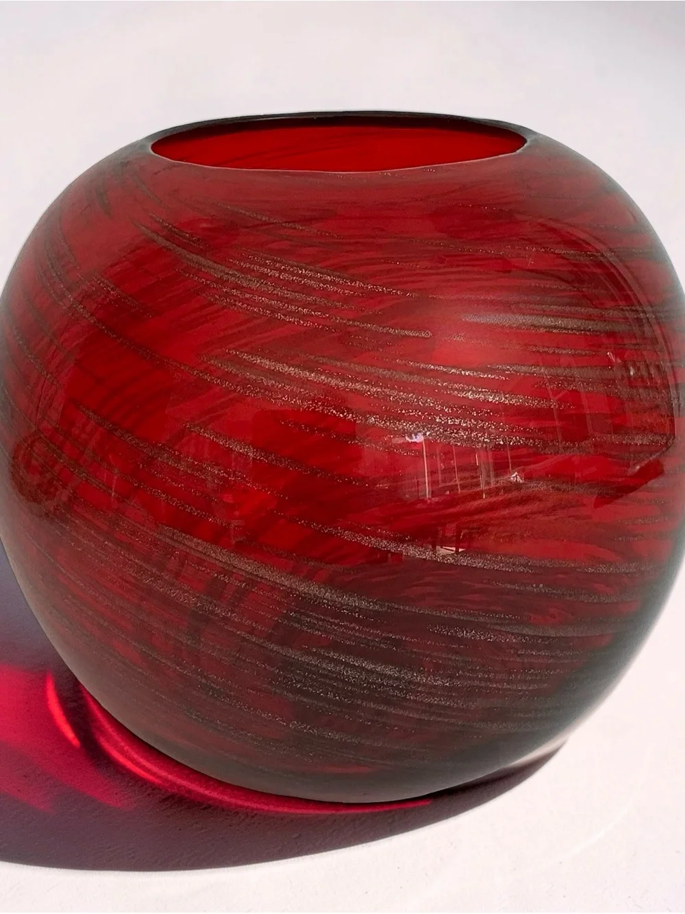 Red Glass Bubble Vase with Gold Swirl Hand Blown 6” Tall